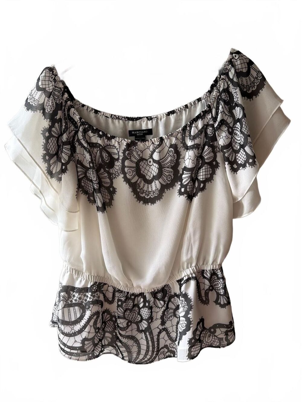 Marciano Guess Peplum Blouse Top Medium White Black Lace Print Gothic Romance